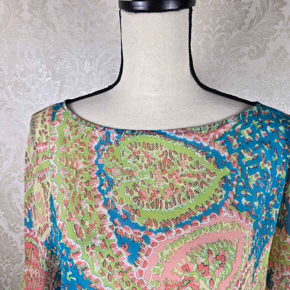 Talbots Size S/M Turquoise Coral Paisley Butterfly Sleeve Kimono Top Silk Sheer - Picture 2 of 10